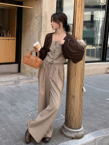 Korean Style High-End Three-Piece Set Womens Autumn 2025 New Open Cardigan Strap Top Casual Wide Leg Pants Elegant Fashion