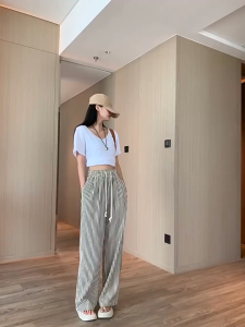 SelfLoveBuying Womens High Waist Loose Wide-leg Pants Rough Wrinkled Material Unique Striped Cotton Hot Trend Drape Narrow Pants 99088