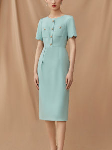 Elegant Slimming Short Sleeve Diamond Embedded Dress SaugafSaug Home Sound 2025 Summer New Style High Waist A-Line Skirt