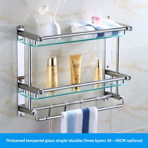 Bathroom Rack Wall-Mounted Stainless Steel Glass Bathroom Double-Layer 3-Layer Towel Rack Toilet Storage Rack Punch-Free