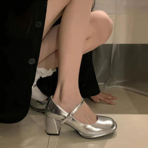 กระจกสีเงิน Mary Jane รองเท้าส้นสูงภาษาฝรั่งเศสคําส้นหนาสําหรับกระโปรงผู้หญิงรองเท้าเดี่ยวสบาย ฤดูใบไม้ร่วง เทรนด์แฟชั่นฤดูกาล