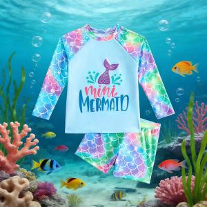 Trendy Girls 2-Piece Mermaid Scale Set Long Sleeve Mini Mermaid Print Swimsuit for Beach Pool Vacation Toddler Outfit