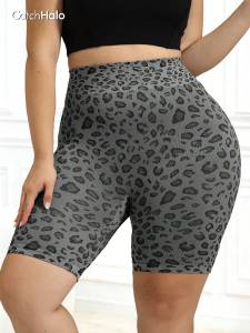 Women Plus Size Seamless Yoga Shorts Leopard Print High Waist Tummy Control High Stretch Biker Shorts For Gym Workout Fitness