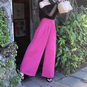 Quần Ống Rộng Màu Hồng Phong Cách Hàn Quốc Mùa Xuân Mới Rộng Rãi Thoải Mái Cạp Cao Dài Thường Ngày Bằng Vải Polyester