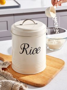 European Vintage Style Iron Art Sealed Rice Bucket 5kg Flour Barrel with Sealing Ring Moisture Proof Rust Proof Sun Protection Spoon Included