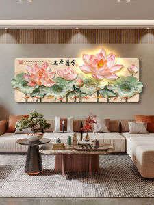 New Chinese Style Living Room Decorative Painting Nine Fish Lotus Flower LED Wall Lamp Artwork Sofa Background Wall Hanging Picture
