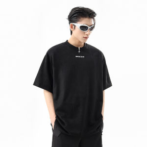 51XXHA Hip Hop Unique Design Star Zip Pendant Short Sleeve Mens T-shirt Trendy American Retro Print Heavyweight Body Cotton Tee