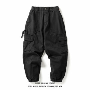 Retro Japanese Streetwear Brand Mens Loose Fit Cotton Work Trousers Wax Dye Washed Cuffed Casual Pants Spring Autumn