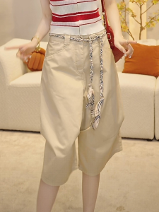 Shalldoer | Quần ống rộng lưng cao thường ngày cho nữ dáng quả lê mùa hè mới thiết kế dây buộc quần dài năm phần