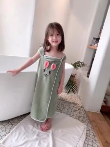 Childrens Bathrobe Bath Towel Hair Band Set Wearable Girls Bathrobe Super Absorbent Soft Wrap Bath Skirt Suitable for 3-15 years Old Girls