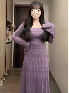 plus Size Womens Gentle Lace Long Sleeve Dress Two-Piece Set Autumn Elegance Slimming Long Dress Commute Korean Style A-Line Skirt