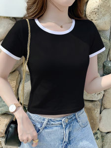 Black Short Sleeve T-Shirt Womens High Waist Design Summer Belly Button Exposure Top Versatile Casual Cotton Blend Tee