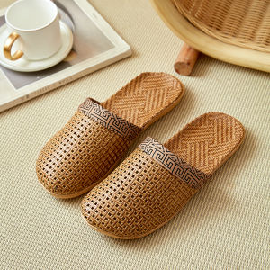 2024 New Summer Womens Wicker Cooling Mat Slippers Butterfly Knot Cool Indoor Linen Anti-slip Headed Shoes Home Comfort Footwear