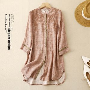 Retro Embroidered Stand Collar Shirt Womens Loose Midi Length Sun Protection Top Single Tailored Goods Commute Style Summer Thin
