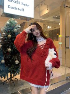 Áo Len Dệt Kim Màu Tím Mềm Mại Thanh Lịch Dáng Rộng Dài Vừa Phải Cổ Chữ V Không Có Nút Mặc Mùa Đông Áo Khoác Ngoài Áo Len Nữ