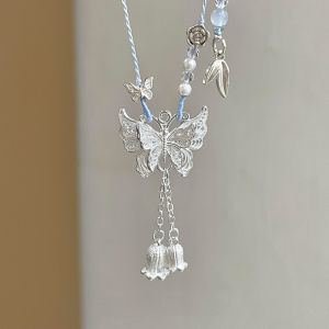 New Chinese Style Butterfly Blue Weaving Bell Flower Lockbone Chain Necklace for Women S999 Pure Silver Fresh out Icec Brand