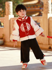 Red Hanfu Childrens Clothing Winter Thickened Cotton Boys Ancient Costume New Year Visit Clothes Childrens Qipao/Tang Suit