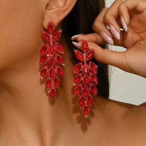 1 pair of exaggerated European and American leaf rhinestone earrings fashionable womens long red crystal temperament earrings