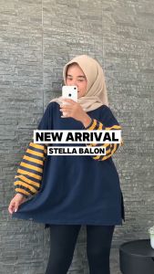 Stellon Blouse Oversize Kaos Kekinian Lengan Salur Balon Karet Jumbo LD 125cm T-shirt Wanita Ziggy