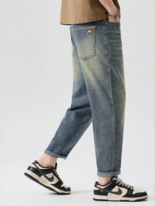 MiiOW | Lightweight Cotton Vintage Washed Straight Tapered Denim Pants 3/4 Length