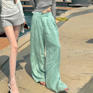 High Waist Straight Leg Cotton Linen Suit Pants Womens Loose Slimming Floor Length Trousers Fashionable Wide Leg Casual Pants