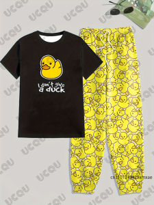 Mens Trousers Tracksuit 2 Piece Set Yellow Duck Print Summer Jogger Sportswear Short Sleeve T-Shirt+Long Pants Casual Clothes