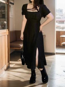 plus Size Womens Square Collar Slit Short Sleeve Dress Summer New Style Cover up Black Skirt High Waist A-Line Dress