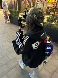 American Retro Hiphop Open Cardigan Sweatshirt Womens Spring Autumn Thin Loose Oversize Niche Couple Tops