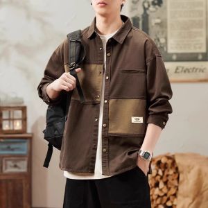 Spring Summer Mens Casual Workwear Shirt Trendy Patchwork French Style Jacket Breathable Polyester Fabric Long Sleeve Polo Collar