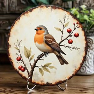 Vintage Robin Berry 8x8 Inch Round Aluminum Wall Art Waterproof Scratch Resistant Graffiti Proof for Home Living Room Decor
