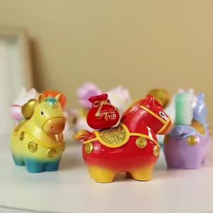 Handcrafted Zodiac Horse Ornaments Kawaii Rotatable Resin Cartoon Horse Statue Figurine Ornament Year of The Horse Zodiac Horse Figurines Home Decoration