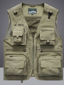 เสื้อกั๊กผู้ชายแบบมีกระเป๋าหลายช่อง ทรงหลวม แห้งเร็ว สำหรับกลางแจ้ง ตกปลา ลำลอง ฤดูร้อน ฤดูใบไม้ร่วง สำหรับผู้สูงอายุ