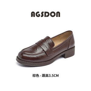 Agsdon Brown Flats Womens Shoes Thick Heel Casual round Toe Synthetic Leather Rubber Outsole Fashionable British Style