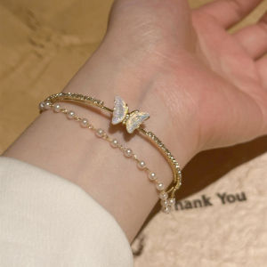 Aurora Butterfly Pearl Bracelet Womens Open Bracelet Luxury Minimalist Double Layer Vintage High-End Feeling Bracelet Jewelry
