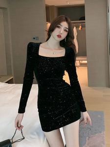Elegant Black Velvet Slim Fit Mini Dress Square Collar Bodycon Short Skirt Long Sleeve Womens Fashion Autumn New Arrival