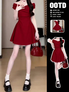 SUSIEYUAN | French Style One Shoulder Red Dress Women Summer New Small Size Beautiful Waist Cinched Short Skirt Cotton Polyester Blend