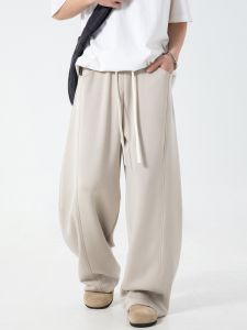 Mens Casual Pants Autumn Winter Loose Silhouette Drawstring Drapey Air Layer American Style Long Trousers Knife Splitting