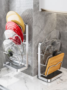 Wall-Mounted 304 Stainless Steel Pot Lid Holder Kitchen Storage Rack Cutting Board Organizer No-Drilling Required