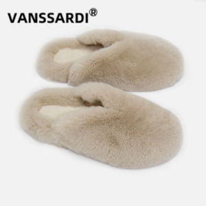 Winter Home Slippers Fashionable Rabbit Fur Warm Anti-Slip Silent Wooden Floor Men Women Fur Slippers Couple Rubber TPR Sole