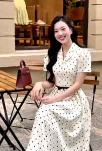 QC_ Đầm công sở sang trọng váy tiểu thư dự tiệc đầm thiết kế xinh chất Mango chấm bi cổ vest nút bọc tay ngắn kèm lót dáng dài midi