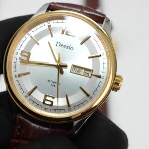 Deesio Fashion Casual Sports Leather Strap Watch Mens Automatic Mechanical Watch Stainless Steel Case Dual Calendar Display