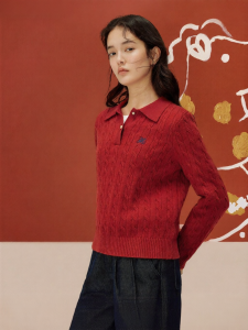 INMAN | Áo Len Cổ Polo Tay Dài Màu Đỏ
