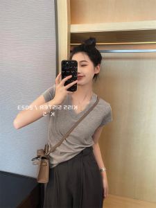 Delicate Purple Knitted Short Sleeve V-Neck T-Shirt Women Summer Slim Fit Ice Silk Shoulder Length Top Thinming Thin Bodycon