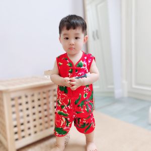 ชุดเด็กผ้าลายดอกไม้ใหญ่สไตล์ชาติพันธุ์ฤดูร้อน ชุดเด็กชายและเด็กหญิง ชุดอยู่บ้านบาง ชุดเด็กผ้าฝ้ายผสมโพลีเอสเตอร์