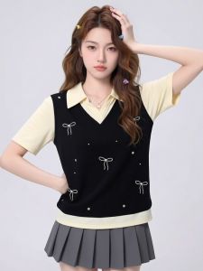 AIYITI | Youthful Preppy Bow Rhinestone Short Sleeve Shirt Loose Top