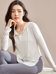 Loose Yoga Clothes Womens Long-Sleeved T-shirt Sports Curved Hem Button Design Running Fashion Fitness Hooded Tops