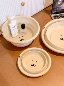 Cute Bear Face Washing Basin Portable Foldable Thick Plastic Laundry Basin for Home Bathroom Student Dormitory Use