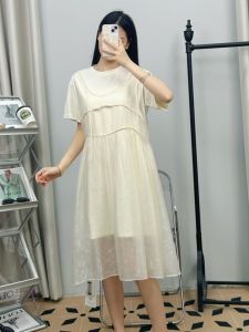 ชุดเดรสแขนสั้นคอตั้งทรงหลวมสไตล์หวานสำหรับฤดูร้อน ชุดกระโปรงสองชิ้นสีพื้นแฟชั่น ชุดเดรสยาวปานกลางสำหรับผู้หญิง