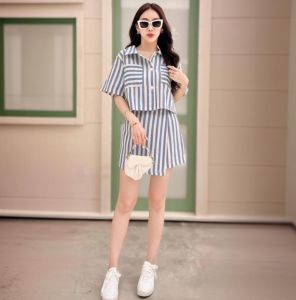●ECLAIRE● 063 Setelan Celana Motif Salur Stripe Garis-garis Trendy Urban Mode Modis Korea Kasual Casual Santai iiix
