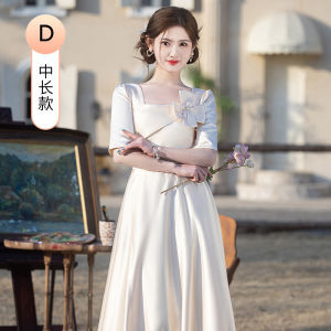 Champagne Satin Maids Dress 2025 New Summer Style Womens Long Gown Sweet Style Five Sleeve Floor Length for Wedding Party